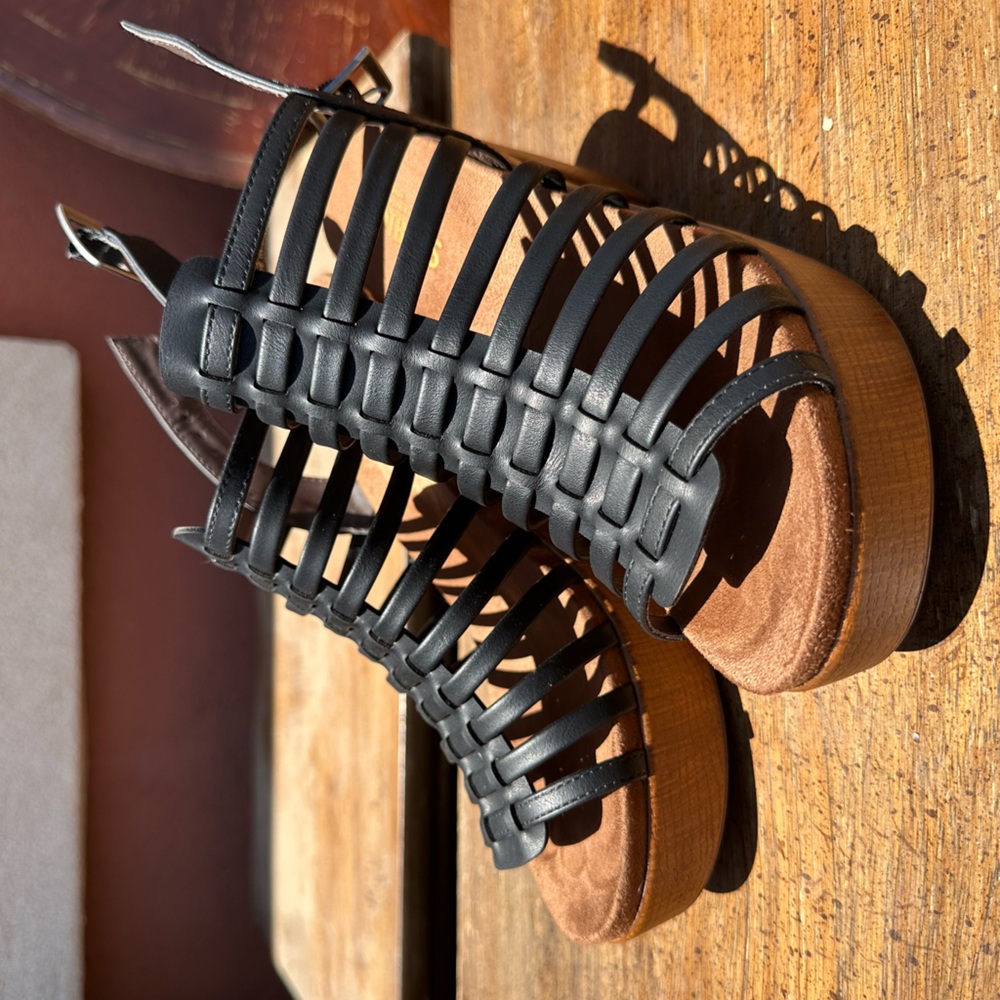 Black Strappy Sandals with Wooden Sole